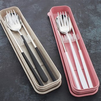 不鏽鋼餐具3件組-筷.叉.匙-附小麥收納盒-靜音卡扣設計_0