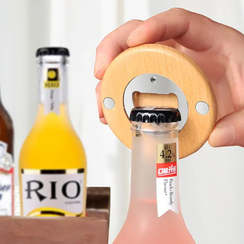 木雕冰箱貼圓形磁性木製啤酒開瓶器帶磁鐵_1