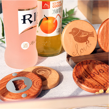 木雕冰箱貼圓形磁性木製啤酒開瓶器帶磁鐵_4
