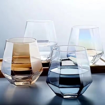 300ml高品質透明方形不倒翁無柄酒杯六角鑽石威士忌玻璃杯_0