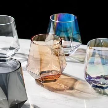 300ml高品質透明方形不倒翁無柄酒杯六角鑽石威士忌玻璃杯_2