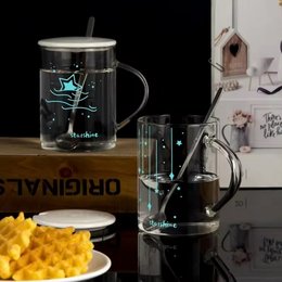 創意星月夜光玻璃杯-咖啡奶茶杯-透明附蓋玻璃杯