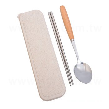 不鏽鋼餐具2件組-筷.木柄匙-附小麥收納盒_4