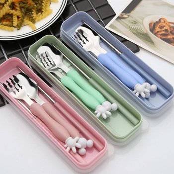 不鏽鋼餐具3件組(兒童餐具)-筷.叉.匙(塑料柄)-附塑膠收納盒-透明塑膠蓋_0