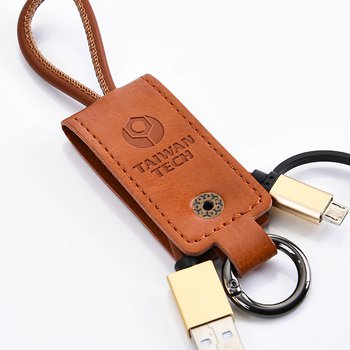 二合一充電線-伸縮拉繩皮革鑰匙圈充電線-可客製化印刷/烙印企業LOGO或宣傳標語_2