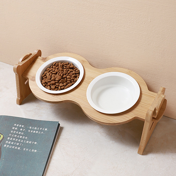 陶瓷貓碗-竹木架寵物雙碗_3