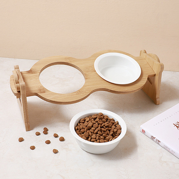 陶瓷貓碗-竹木架寵物雙碗_1