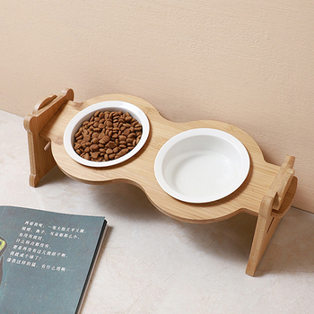陶瓷貓碗-竹木架寵物雙碗_2