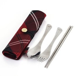 不鏽鋼餐具3件組-筷.叉.匙(魚尾型款)-附綁帶布套收納袋