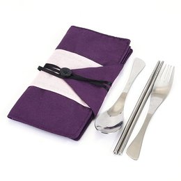 不鏽鋼餐具3件組-筷.叉.匙(魚尾型款)-附綁帶布套收納袋