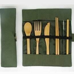 竹木製餐具6件組-筷.叉.匙.刀.吸管.刷子-附帆布套收納袋