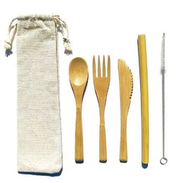 竹木製餐具5件組-叉.匙.刀.吸管.刷子-附束口收納袋