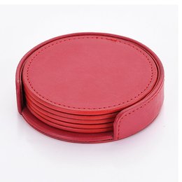 圓型皮革杯墊(紅)-隔熱杯墊壓印/雷雕印刷(一組5個)-可客製化印刷LOGO
