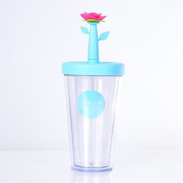 420ml塑膠吸管杯-花朵防漏雙層杯