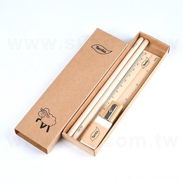 文具組-原木兩切鉛筆-木尺-橡皮擦-削鉛筆器-牛皮紙盒包裝-可印LOGO