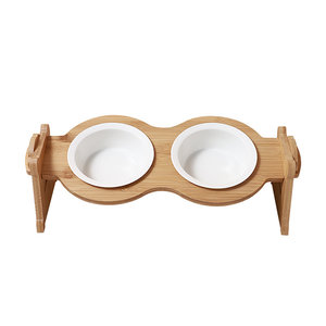 陶瓷貓碗-竹木架寵物雙碗
