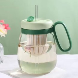 850ml高硼矽玻璃杯-耐高溫大容量茶水分離吸管杯