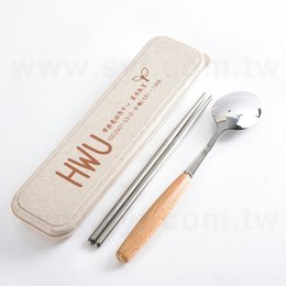 不鏽鋼餐具2件組-筷.木柄匙-附小麥收納盒